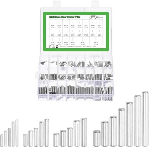 sourcing map 220Pcs 1 Set of 22 Sizes Dowel Pins 304 Stainless Steel Support Shelves Pegs Fasten Elements Assortment Kit, Silver