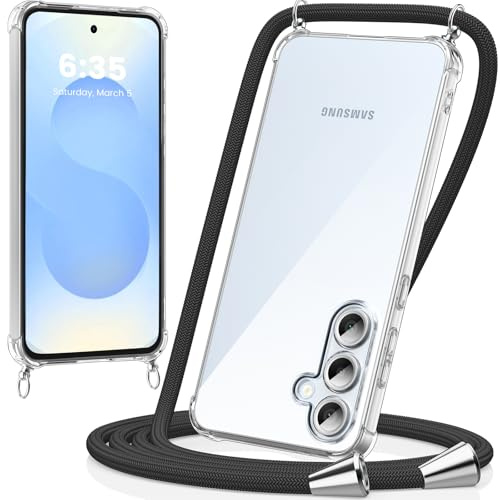 caslord Handyband kompatibel mit Samsung Galaxy S25 | Transparent Hülle mit Handykordel | Handyhülle für zum Umhängen | für Sport Reisen Partys Einkäufe Babypflege | Schwarz