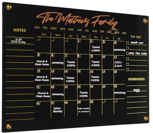 Black Acrylic Calendar Dry Erase for Wall, Family Planner, Monthly Calendar Dry Erase Whiteboard for Home, Office, 24 x 16Reusable White Board（(Acrylic-BK-4060)