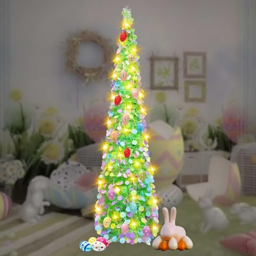 Yallmie 59Inch Easter Tree With Lights Battery Operated, 5M Warm Light String, 20 Eggs, 1.5m Tall, PVC & Metal, Spring Season, Bonsai Type, Stand Base
