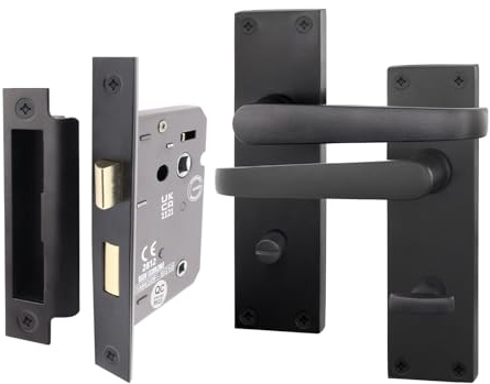 EAI Black Door Handles with Bathroom Lock 64mm | Complete Bathroom Kit with 1 Pair of Lever on Backplate Door Handles, 64mm Bathroom Lock, Fixings Included