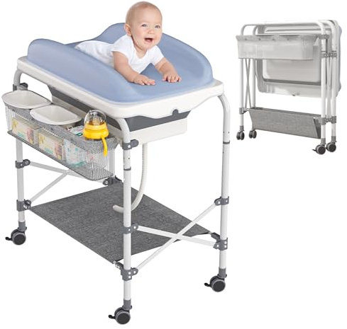 HENGMEI Table à langer pliable pour bébé avec baignoire - Commode à langer mobile avec roulettes - Hauteur réglable - Avec panier de rangement - 88 x 52 x 101 cm