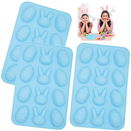 3Pcs Blue Large Easter Silicone Moulds, 12 Cavity Non-Stick Egg Bunny Bakeware Jelly Molds, Egg Bunny Shaped Chocolate Candy DIY Easter Party Decoration 22.5cm