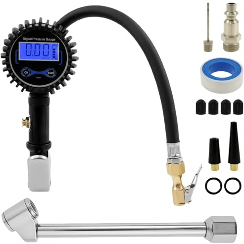 Reifenfüller mit Manometer 3-200PSI Luftdruckprüfer Auto mit 36cm Schlauch Reifendruckfüller Digital Multifunktional Druckluft Reifendruckprüfer für Auto Fahrrad Lkw Motorrad