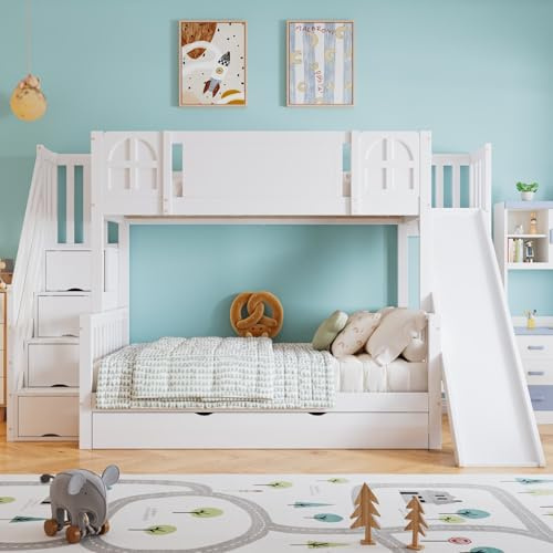 KOMHTOM 90x200cm Lit Enfant en Bois avec 4 Escaliers de Rangement et Toboggans, Lit Superposé Multifonctionnel avec Sommier à Lattes et Tiroir, Cadre de lit Moderne pour Adolescents (Blanc-A)