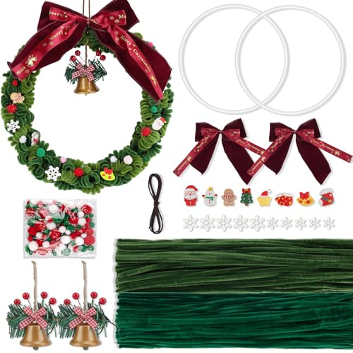 Pfeifenreiniger Blumen Set für diy 2 Stück Weihnachtskranz, 300 Stück Grün Pfeifenputzer zum Basteln, Chenilledraht Basteldraht Zubehör, Pipe Cleaner für Weihnachten Dekorationen Kit