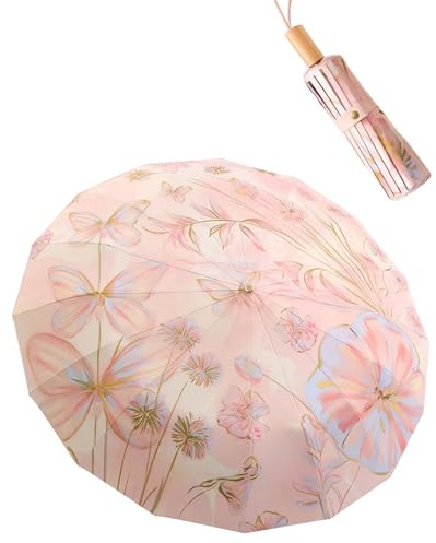 Meichoon UPF50+ Large Umbrella UV Protection Upgrade Thickened Double-bone Fiberglass Stylish & Durable 16-Bone Windproof Compact Travel Sun & Rain Parasol Flower Vintage Design for Women
