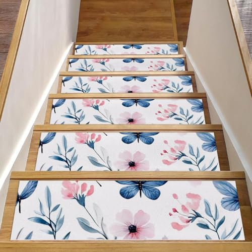 15 gradini per scale da interni con retro antiscivolo, 20,3 x 76,2 cm, per gradini in legno, morbido tappeto per scale per bambini e animali domestici, acquerello rosa, fiori selvatici, foglie e