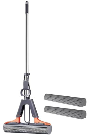 XUQEAYWD Trapeador De Esponja, 110x28cm Fregona De Esponja con 2 Recambios De Cabezas De Esponjas, Mopa Fregonas para Limpieza del Suel, Fregona Exprimible, Absorción De Agua, Fácil De Limpiar
