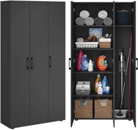 Bellamio Apol Mehrzweckschrank schwarz – Besenschrank 90 cm breit mit Stauraum – Putzschrank mit Staubsaugerfach – Vorratsschrank Küche - Aktenschrank Holz – Flurschrank Aufbewahrungsschrank