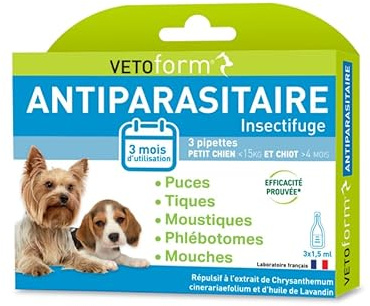 VETOFORM | Pipette Antiparasitaire Petit Chien et Chiot (<15 kg, >4 Mois) | Anti puces et Anti-Tiques | 3x1,5 ML | Fabriqué en France