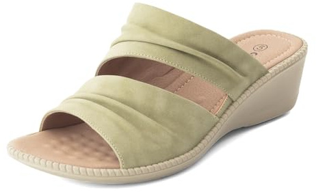 Cushion Walk Extra Wide EEE Fit Sandals for Women, Slip-On Double Strap Ruched Open Toe Low Wedge Ladies Mules with Padded Insole, Comfortable Lightweight Faux Leather Summer Shoes