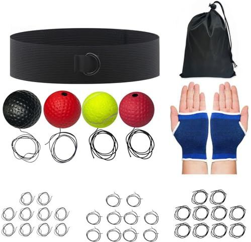 Pallone da boxe – Set di 4 palline (80 g, 60 g, 40 g, 20 g) con fascia regolabile | Velocità di allenamento, riflessi e coordinazione occhio-mano | Per adulti, bambini, principianti e professionisti
