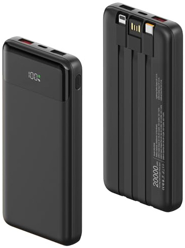 Power Bank 20000mAh con 3 Cables Integrados, Batería Externa Carga Rápida 22,5W PD 3.0 QC 3.0 USB-C Entrada y Salida, Pantalla LED, Cargador Portatil para iPhone, Samsung, iPad y Más