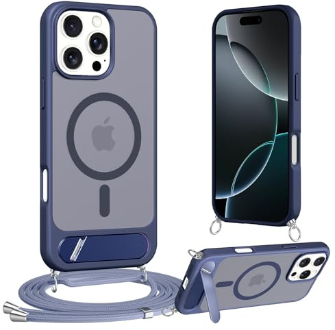 Jrkvniv Cover Magnetica per iPhone 15 Pro Max 6,7 con Cordino [Supporto integrato] Custodia con Laccio Tracolla Regolabile Collana, Protezione Antiurto di Livello Militare Case Traslucida Opaca, Blu