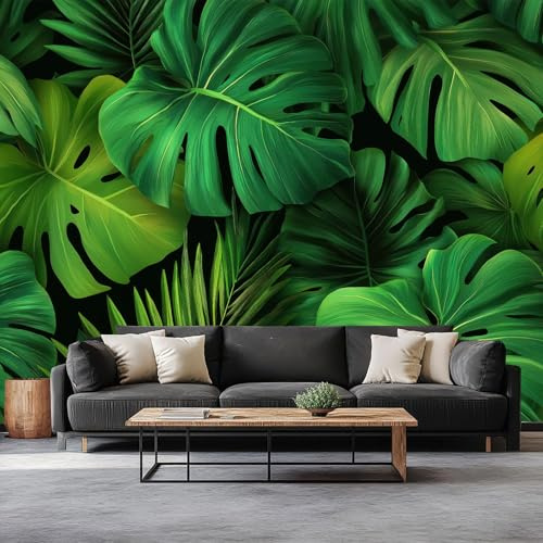 Plantas Tropicales Papel Tapiz Fotográfico Monstera Hojas De Palma Fotomurale 250 x 175 cm, Art Mural Negro Papel Pintado Fotomural - Cafe Restaurant Dormitorio Hoga Murales Decoración