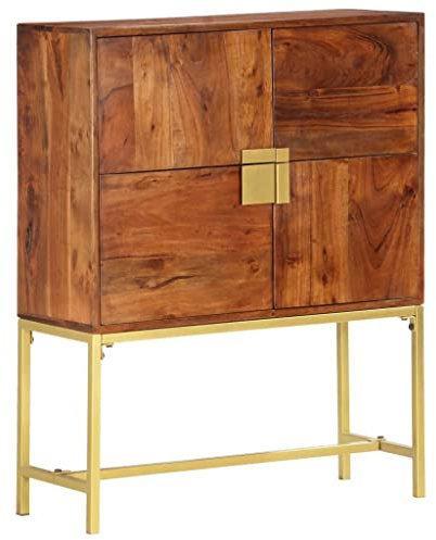EDNRSOG Rustic Solid Acacia Wood Highboard with 4 Doors, Brown and Golden Finish, 31.5 x 11.8 x 39.4 Inches for Living Room Bedroom Storage, Durable Furniture, Chic Lacquered