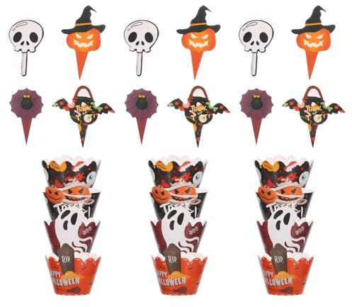 SHINEOFI Décorations de Gâteau D'halloween Citrouille et Crâne, 48 Pièces Caissettes à Cupcakes en Papier Pics Décoratifs, Thème Fête Garçon et Filles, Emballage pour Cupcakes et Muffins,