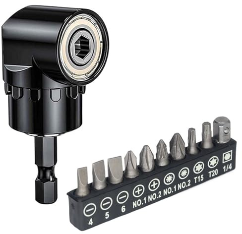 QZKJQDD 105 Degree Right Angle Drill, 1/4 Inch 105 Degree Right Angle Driver, 1/4'' Hex Shank Right Angle Drill, 10-Piece Insert Bit Set, Quick Change Drive and Magnetic Bit Socket Attachment Adapter