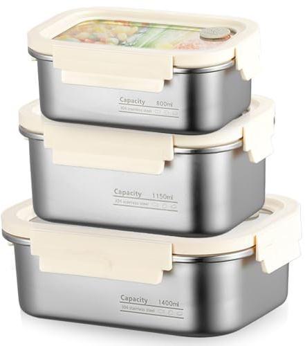 GOMETY Juego de 3 Recipientes de Acero Inoxidable, Recipientes Herméticos con Tapa a Prueba de Fugas y Sellado al Vacío, (800ml/1150ml/1400ml) Apto para Lavavajillas, Microondas y Congelador