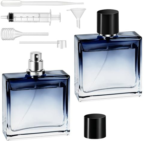 Qufiiry 2 Stück 50ml Parfümzerstäuber, Gradient Blau Glas Parfümflakon, Mini Nachfüllbare Parfüm Sprühflasche, mit Trichter, Pipette und Parfümspender, für Reise, Damen und Herren