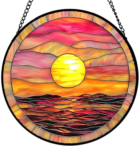 Sunrise Sun Catchers for Windows, Sun Sea Suncatchers for Windows, Stained Glass Window Hanging, Colorful Round Garden Decor, Colorful Window Wall Hanging Ornament for Women Men