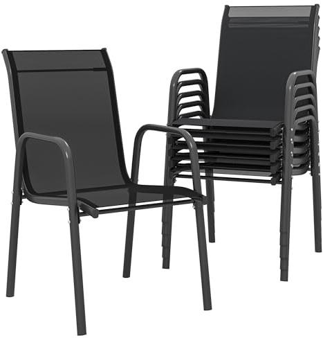 Outsunny Set 6 Sedie da Giardino Impilabili in Texteline Traspirante, Sedie per Pranzo da Esterno con Schienale Alto e Braccioli, in Metallo, da Patio, Balcone, Terrazza, Esterno, 51x69x87 cm, Nero