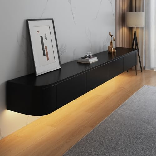 Aipunlus Wall Mounted TV Unit, Floating TV Stand Cabinet, Black Floating TV Cabinet with LED & Doors Media Wall Unit, Entertainment Storage TV Console for Living Room (200cm/78.7in)