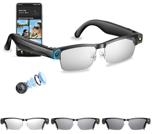 QQCHGOL Occhiali da sole intelligenti per ciclismo, con fotocamera, con Bluetooth, controllo vocale, riconoscimento oggetti, occhiali polarizzati ChatGPT (Auto Dimming Lens+Half-Rim Frames)
