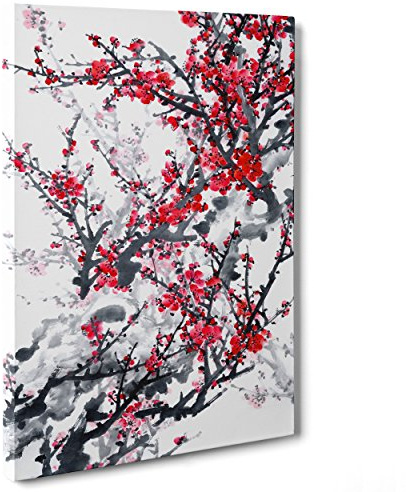 Quadro su Tela Canvas - INTELAIATO - Pronto da Appendere - Colori Autunno - Illustrazione Acquerello - Acero Rosso Giapponese Hokusai - 50x70cm - Senza Cornice - (cod.1119)