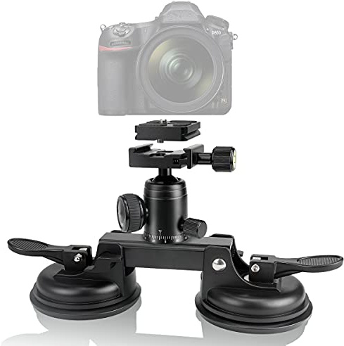 Heavy Duty 360°Ball Head DSLR/Mirorrless Camera Camcorder Dashcam Dual-Suction Cup Race Car Holder Vehicle Cab Cockpit Windscreen Window Door Mount w/Quick Release for Hi-Speed Vlogging (20 lbs Load)