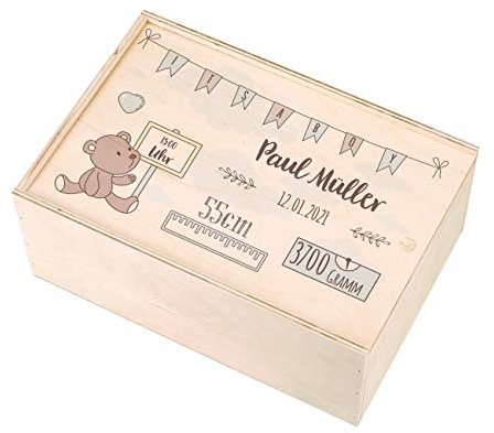 Striefchen® Holzbox zur Erinnerung an das erste Babyjahr oder als Geschenk zur Geburt - mit Namen des Kindes und Geburtsdaten bedruckt Jungen
