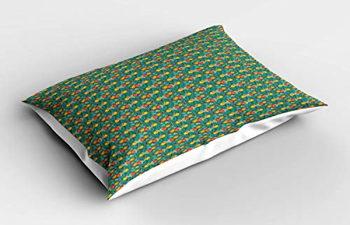 ABAKUHAUS Sommer Kissenbezug, Apfelbaum-Frucht-Blätter Kunst, Dekorativer Standard King Size Gedruckter Kissenbezug, 80 x 40 cm, Türkis und Multicolor