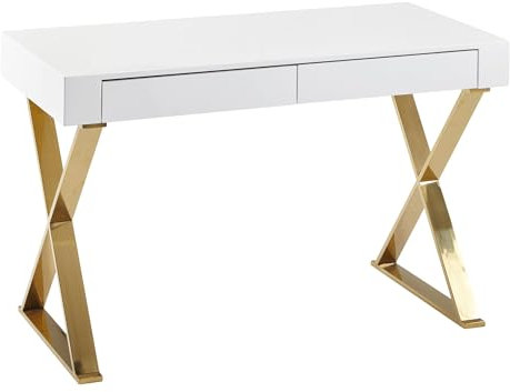 FineBuy Schreibtisch 118x76x57 cm Holz Hochglanz Weiß Metallbeine Golden, Design Computertisch PC-Tisch Bürotisch Modern, Konsolentisch Schubladen