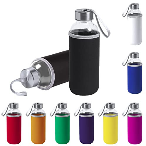 TIENDA EURASIA® Pack de 2 Botellas de Agua Cristal con Funda de Neopreno, 420 ml de Capacidad, con Tapon a Rosca y Cinta de Transporte, Bidon perfecto para Colegio, Camping, Ejercicio, Color Negro