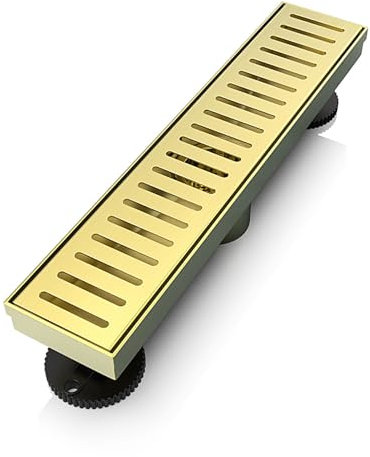 WEBANG 12 Zoll Dusche Linear Gold Abfluss Rechteckiger Bodenablauf mit Zubehör Kapsel Muster Abdeckung Gitter Abnehmbar SUS304 Edelstahl CUPC Zertifiziert Gebürstetes Gold Messing