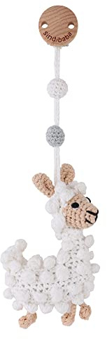 Sindibaba – Multifunktionales Hängespielzeug Lama Luke (18 cm, weiß, Bio, gehäkelt, mit Rassel) – Nachhaltiges Babyspielzeug mit weichem Stofftier zum Aufhängen an Kinderwagen, Spielbogen & Bettchen