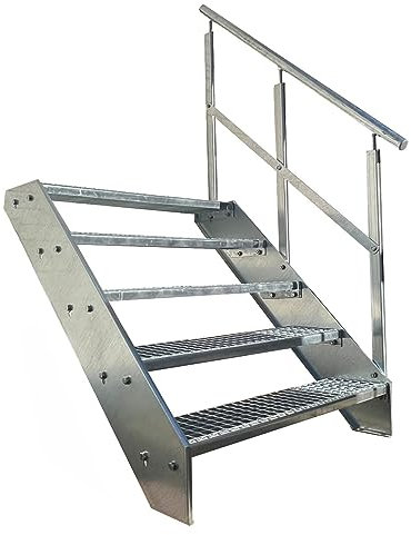 Kaminbau Mierzwa Premium Stahl Treppe Geländer Rechts Verzinkt 5 Stufen (Breite 800 mm) (Höhe 95 cm) Wetterfest Gitterroststufe Gartentreppe