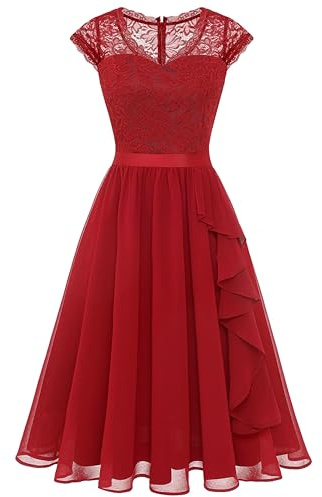 Wedtrend Abito da cocktail da donna al ginocchio abito da sera elegante per matrimonio elegante linea A vestito con volant, Colore: rosso, S