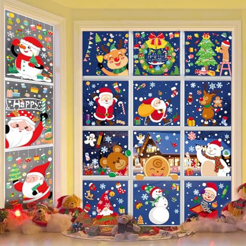 434 Stück Weihnachten Fensterbilder, Weihnachten Fenstersticker Fensterdeko Doppelseitige Wiederverwendbare PVC Aufkleber Weihnachtsdeko mit Weihnachtsmann Schneeflocken für Glasfenster Schaufenster