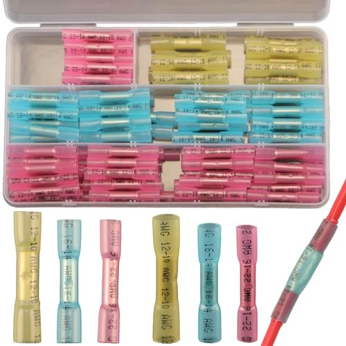 Feggizuli 115pcs Heat Shrink Butt Connectors Kit, Waterproof Butt Splice Terminal Connectors, 3 Types Marine Grade Wire Butt Connectors Crimp, Insulated Electrical Cable Terminals Kit for Wiring