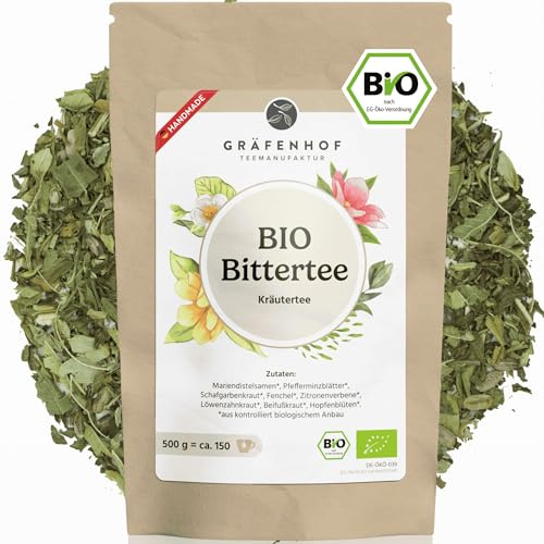 Bittertee Bio loser Kräutertee mit Bitterstoffe, 250g, natürliche Bitterkräuter Lebertee mit Mariendistel, Löwenzahn, Beifuß, Alternative Bittertropfen, Kapseln, Tabletten