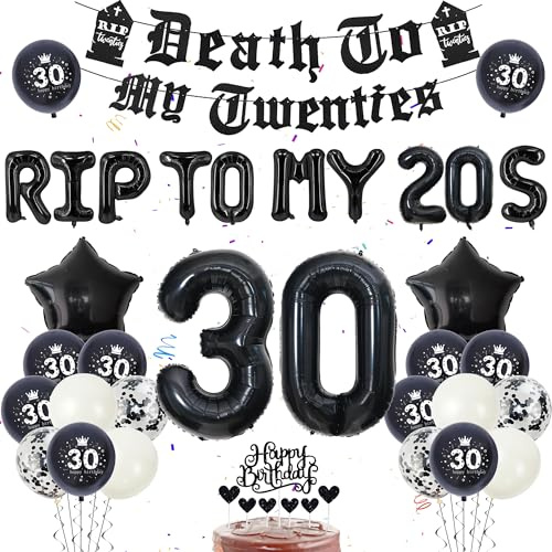 Rip Twenties 30 Geburtstag Party Deko - 56 Stück 30 Geburtstag Dekoration Death To My Twenties Banner Zahlen 30 Luftballons Rip To My 20s Latexfolie Luftballons Dekoration