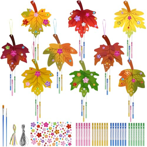 Carillon di Vento Foglia, Campanelli a Vento per Bambini, 9 Pezzi DIY Campanelli a Vento kit Pittura, Regalo di Compleanno per Ragazze Ragazzi, Scacciapensieri da Appendere Decorazione Esterna