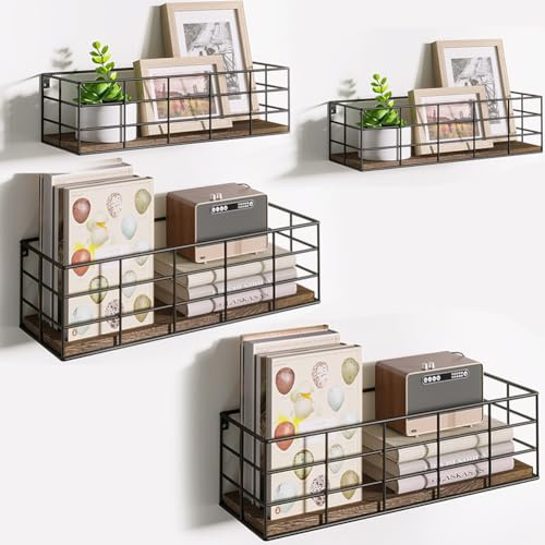BAKAJI Set 4 Mensole da Parete Design Industrial in Legno Color Noce con Staffe in Metallo, Scaffalatura a Muro Multiuso, Scaffale per Camera da Letto, Soggiorno, Cucina, Bagno, Libreria Salvaspazio