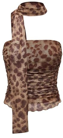 Milumia Women's Cheetah Print Tube Tops Y2k Strapless Mesh Bandeau Top with Scarf Going Out Club Rave Coffee Brown Brwon Medium