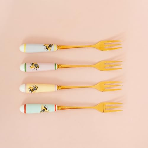 Yvonne Ellen Bee Cake Forks Set of 4 | Pastry & Dessert Forks, Fruit Forks, Gold Small Mini Fork for Cake & Dessert Serving | Gift Box Included