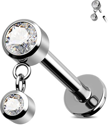 Jewseen Labret Studs Internally Threaded Helix Earring Flat Back Earring Dangle Conch Studs Cartilage Earrings Tragus Piercings Jewellery, 16G 8MM, Titan Zirkonia, Zirkonia