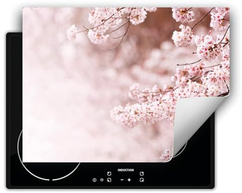 TMK ArtDeko Herdabdeckplatte 70x52 cm Einteilig Küche Herdabdeckung Induktionsfeld Ceranfeld Herdabdeckplatten Vinyl Matte Aufrollbar - Blumen Rosa