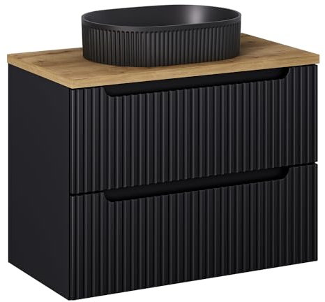 Lomadox Badezimmer Waschtisch 80cm, schwarz mit Eiche, gerillte Front, wandhängend, Keramikwaschbecken